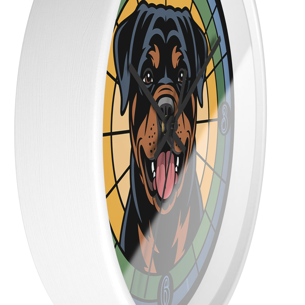 Side of white wall clock with a design of a dog's face, resembling stained glass art, on a white background.