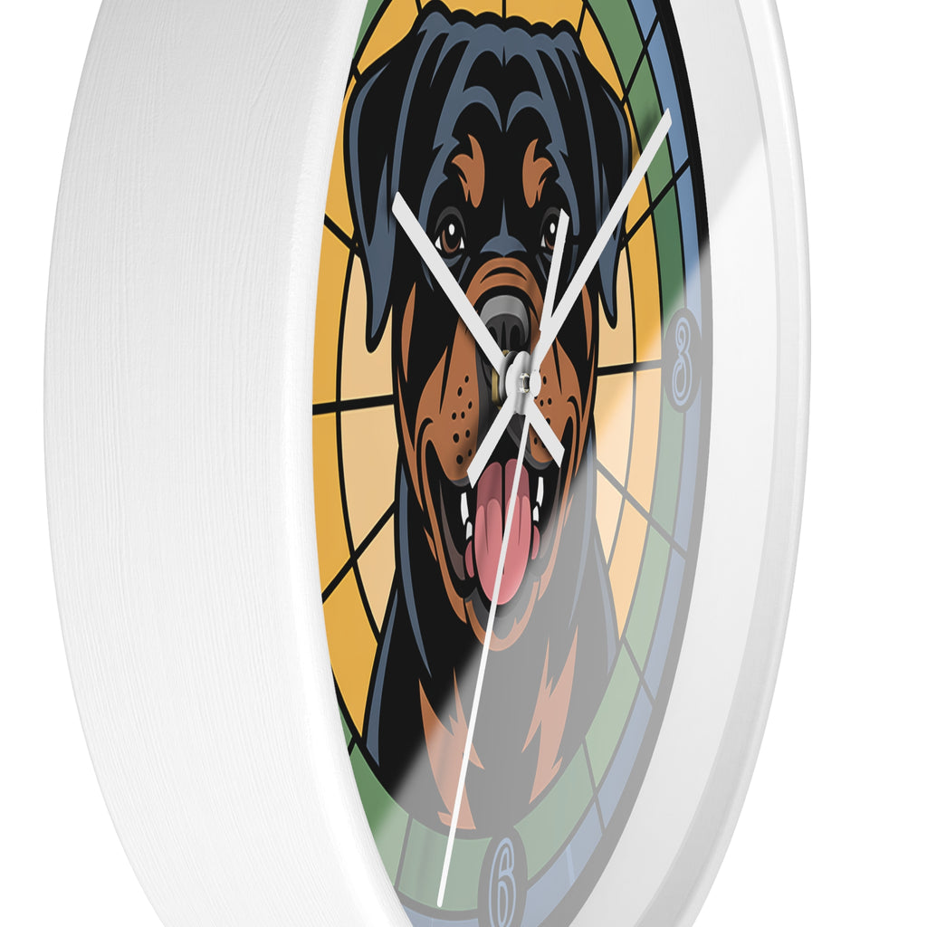 Wall clock with a design of a dog's face, resembling stained glass art, on a white background.