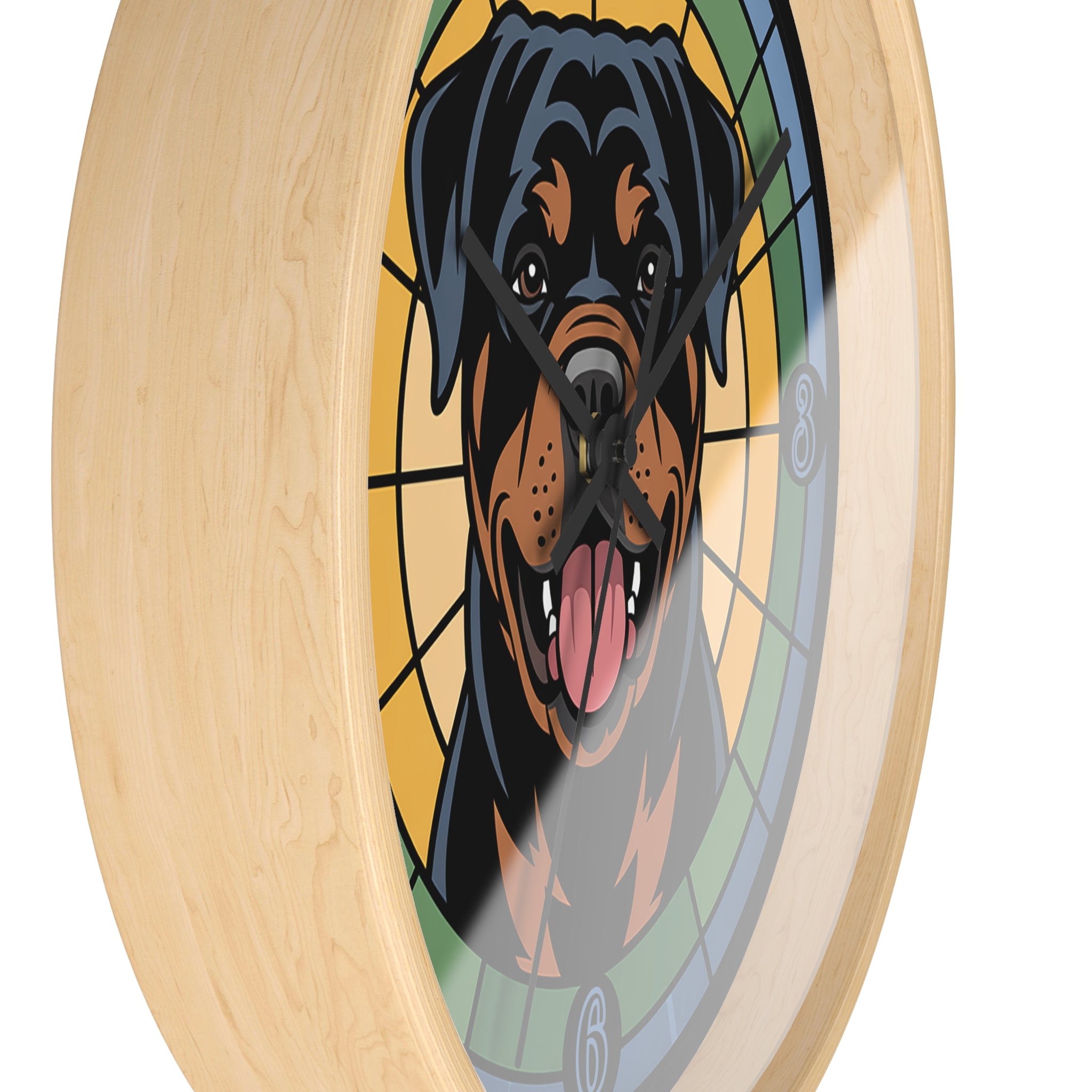 Wood wall clock with a Rottweiler dog design on a wooden frame