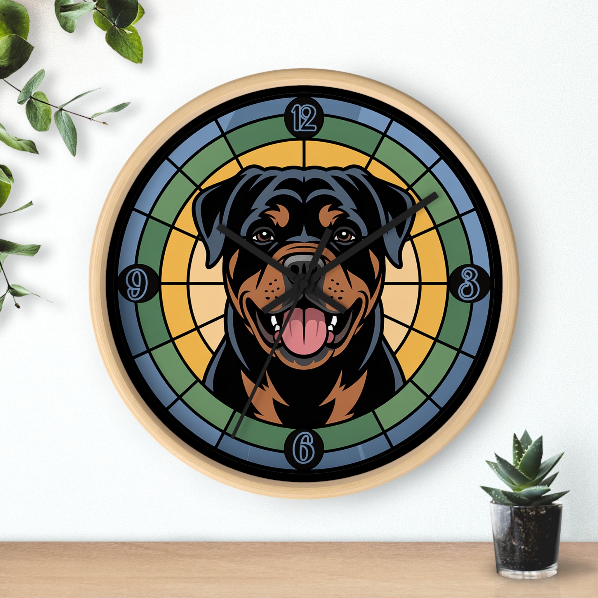Wood wall clock with a Rottweiler design on a white background
