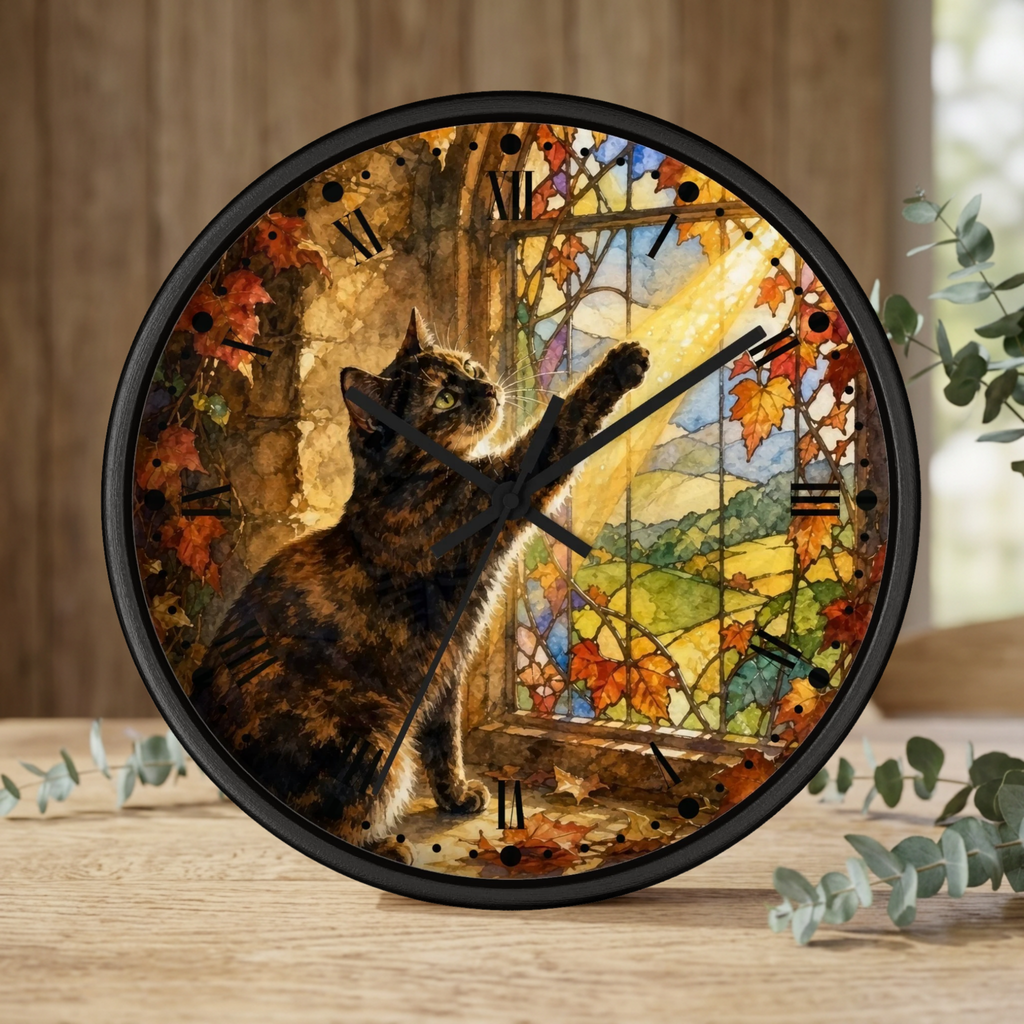 A round wall clock with a black frame and a printed illustration of a tortoiseshell cat looking out a window surrounded by autumn leaves. The clock is shown standing on a wooden surface with eucalyptus branches and a blurred indoor background.