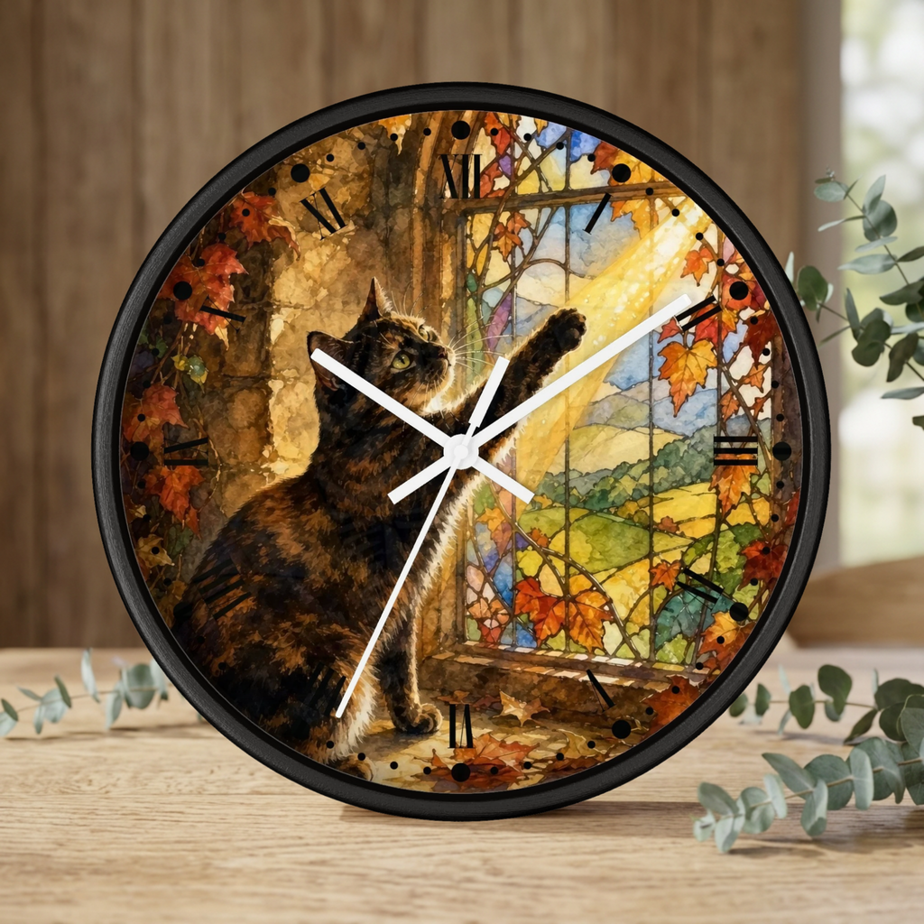Round wall clock with a black frame and a printed illustration of a cat in front of a stained-glass window with autumn leaves. The clock is shown standing on a wooden surface with blurred eucalyptus branches and a wood-paneled background.