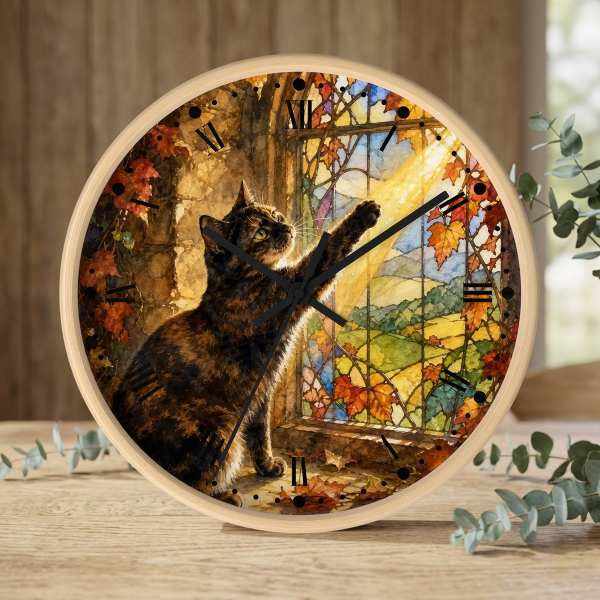 Round wall clock with a light natural wood frame, featuring a printed design of a tortoiseshell cat looking out a window with autumn leaves and a colorful stained-glass style outdoor scene. The clock is shown resting on a wooden tabletop with eucalyptus sprigs and a blurred indoor background.