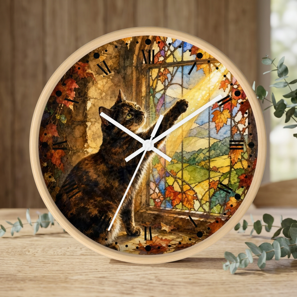 Round wooden desk clock featuring a colorful illustration of a cat looking out a window with autumn leaves and a sunlit scene. The clock has a light natural wood frame and white hands, styled on a wooden surface with eucalyptus branches.