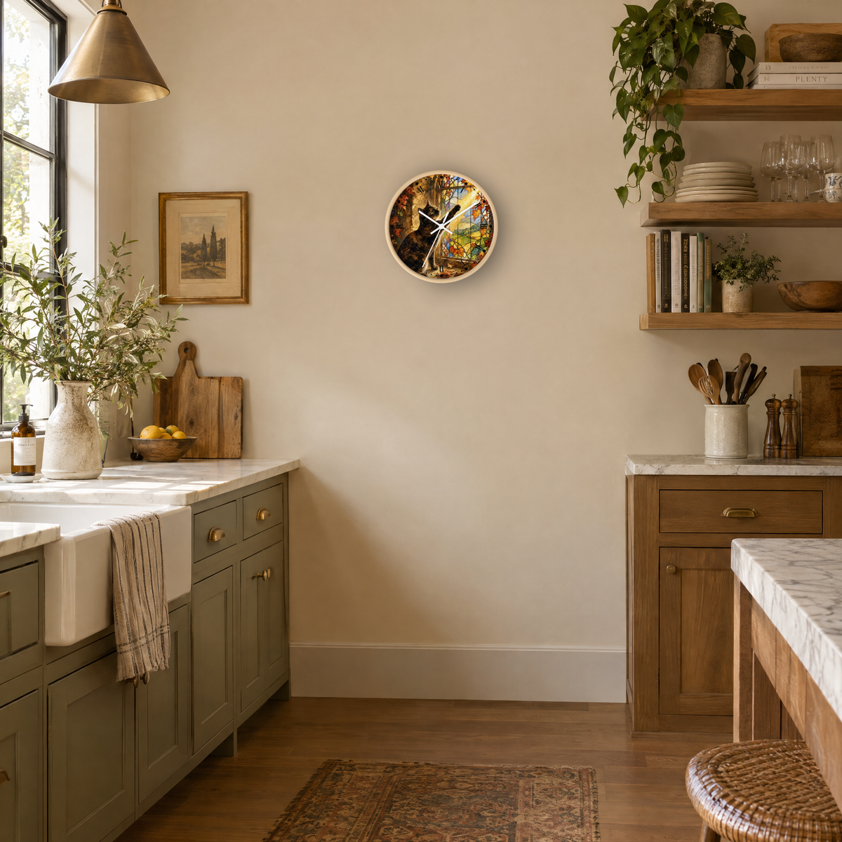 A round wall clock with a colorful autumn cat stained glass design hangs on a beige wall in a styled kitchen with green cabinets, wooden shelves, and a marble countertop.