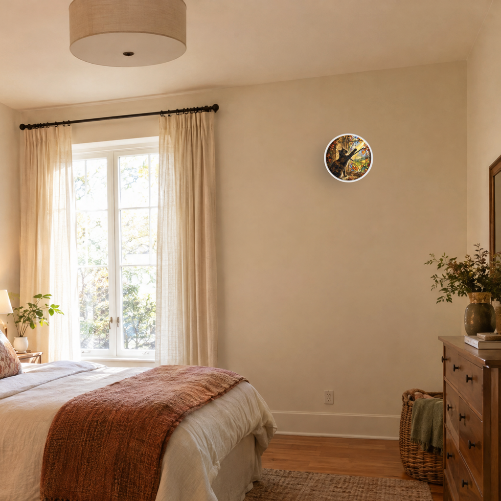 A round wall clock with a colorful autumn torte cat illustration, mounted on a beige wall in a styled bedroom setting.