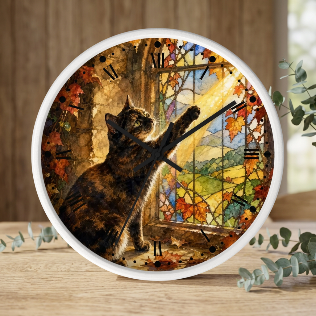 A round wall clock with a white frame and a printed design of a tortoiseshell cat looking out a window surrounded by autumn leaves. The clock is styled on a wooden tabletop with eucalyptus branches.