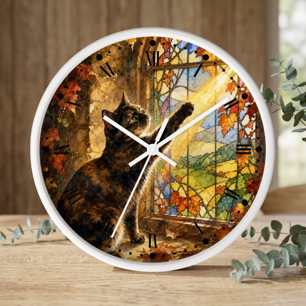 A round wall clock with a white frame and a printed illustration of a cat in front of a stained-glass window with autumn leaves. The clock is shown on a wooden surface with eucalyptus branches in the foreground and a blurred indoor background.