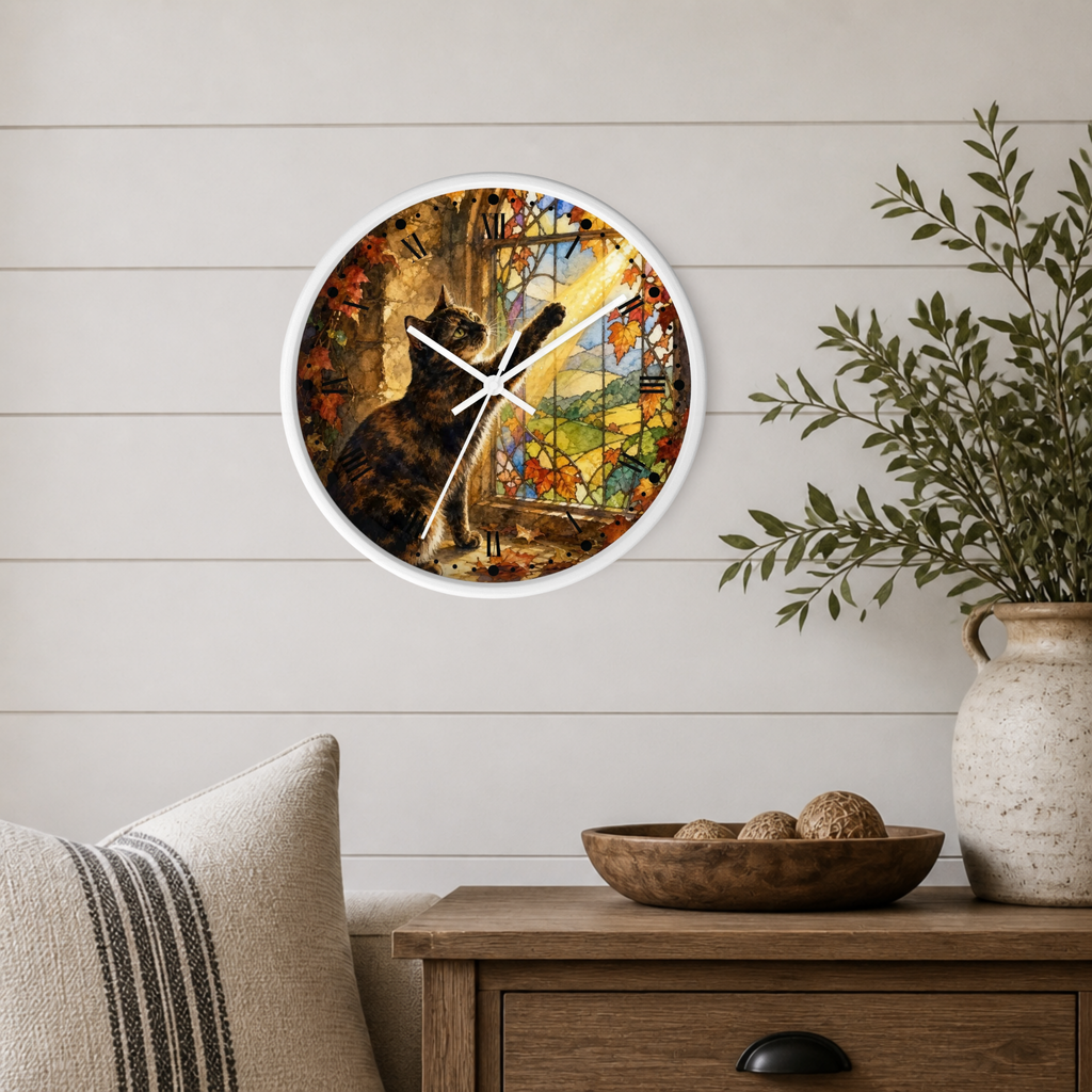 A round wall clock with a white frame hangs on a light wood shiplap wall above a wooden side table. The clock face features a colorful illustration of a black cat looking out a window with autumn leaves and warm sunlight.
