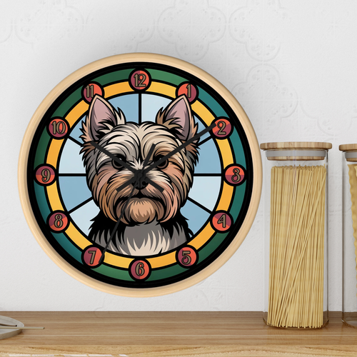Decorative wood wall clock with a Yorkshire Terrier dog design on a white wall.