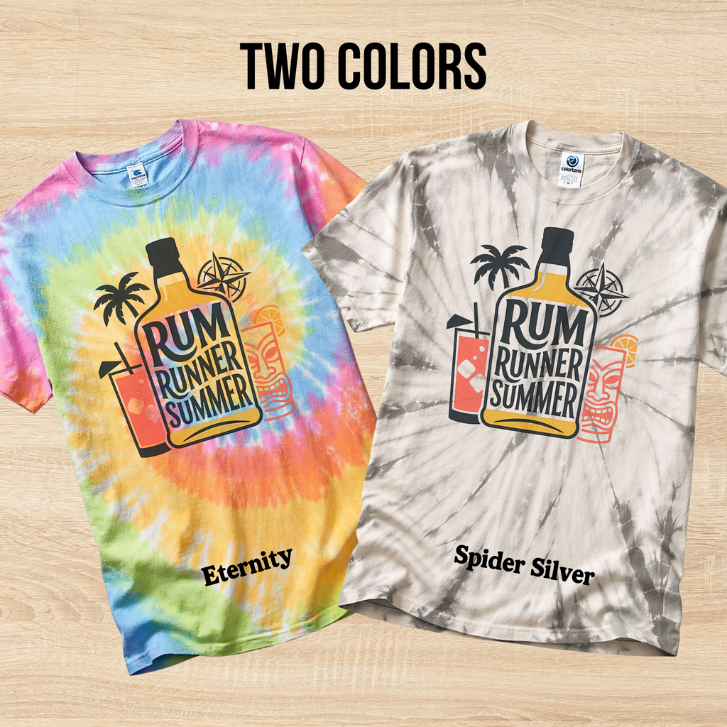 Two tie-dye t-shirts with 'Rum Runner Summer' design on a wooden surface.