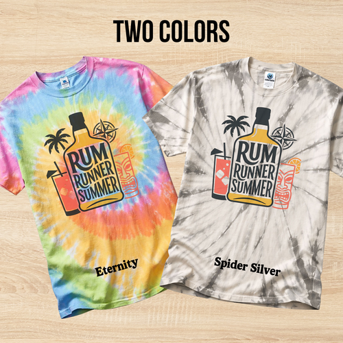 Two tie-dye t-shirts with 'Rum Runner Summer' design on a wooden surface.