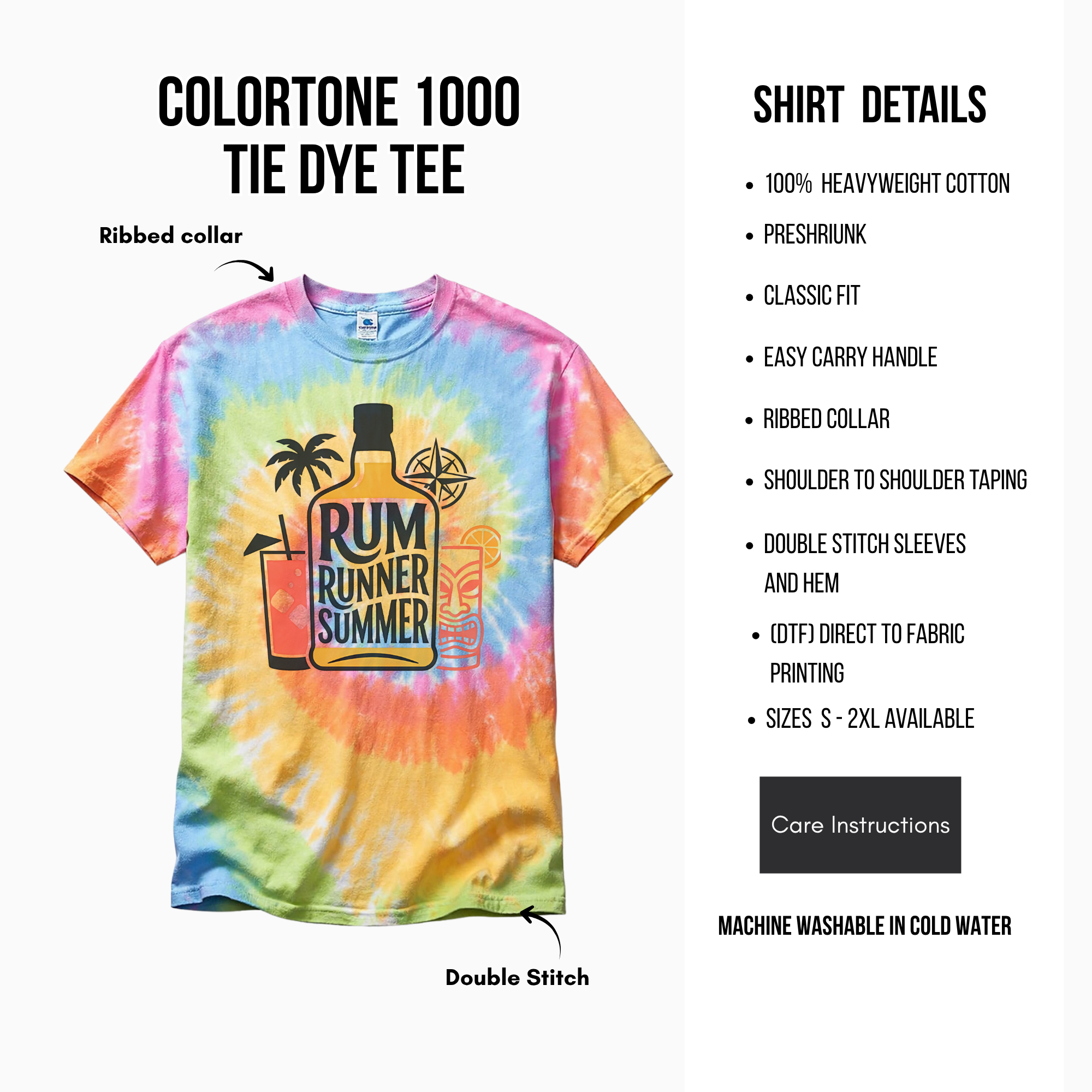 Tie-dye t-shirt with 'Rum Runner Summer' design on a white background with text detailing shirt features.