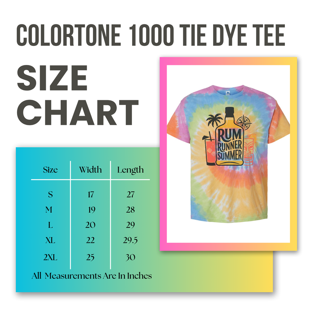 Coloritone 1000 tie dye tee size chart with a colorful t-shirt featuring a bottle design.