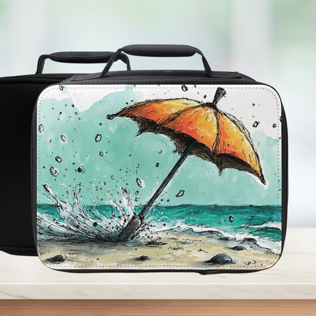  insulated lunch bag with an umbrella design on a beach