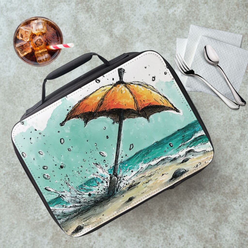 Lunch bag with beach umbrella design on a cafeteria table with a drink and utensils.