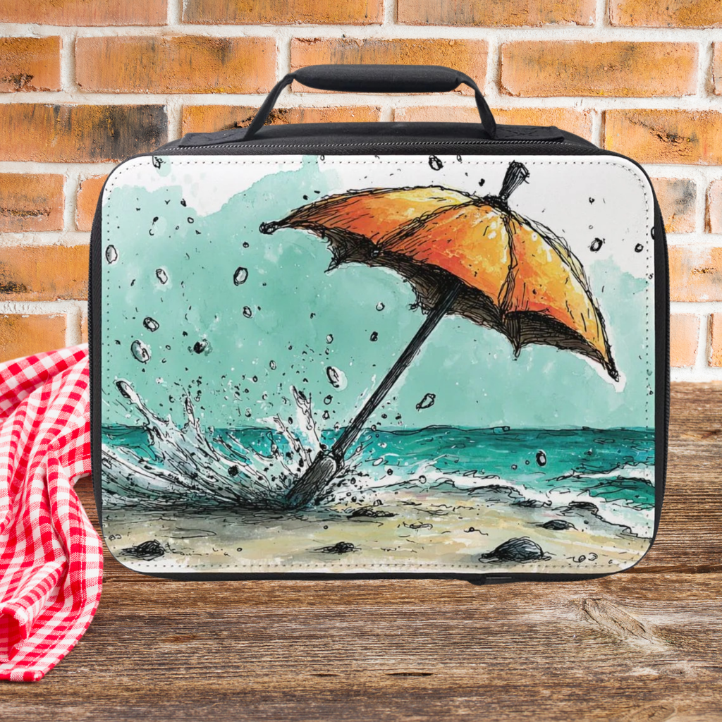 Lunch bag with beach and umbrella design on a picnic table against a brick wall.