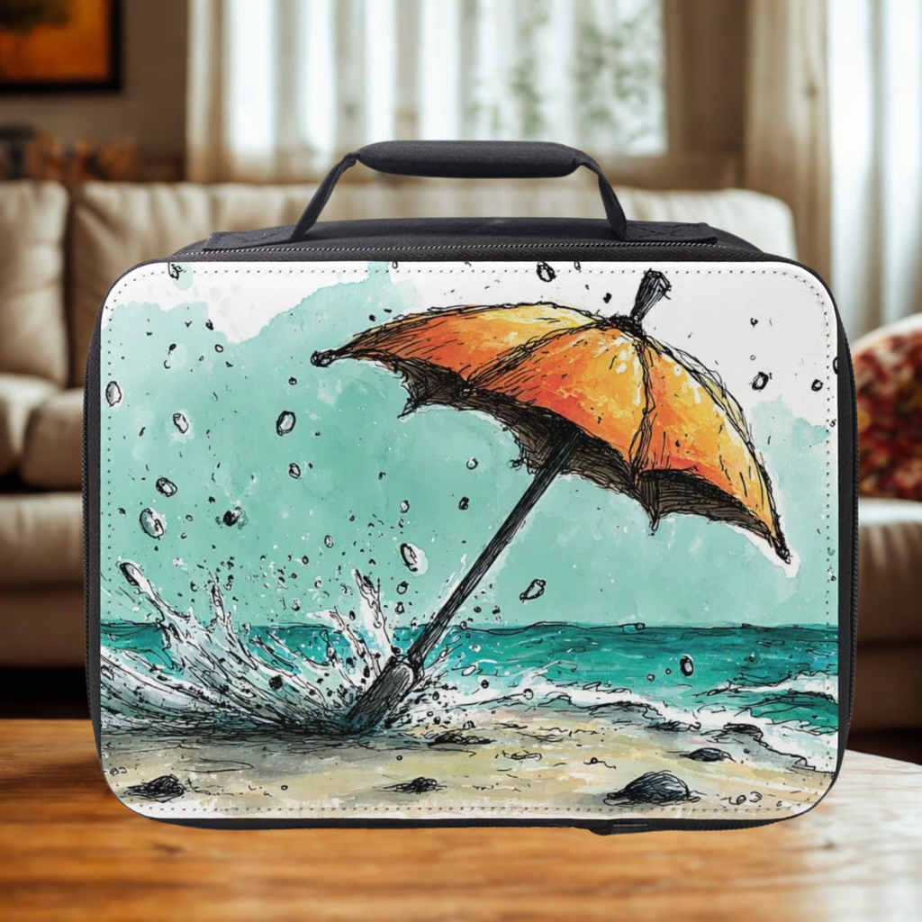 Lunch bag with an umbrella design on a wooden coffee table in a cozy living room.