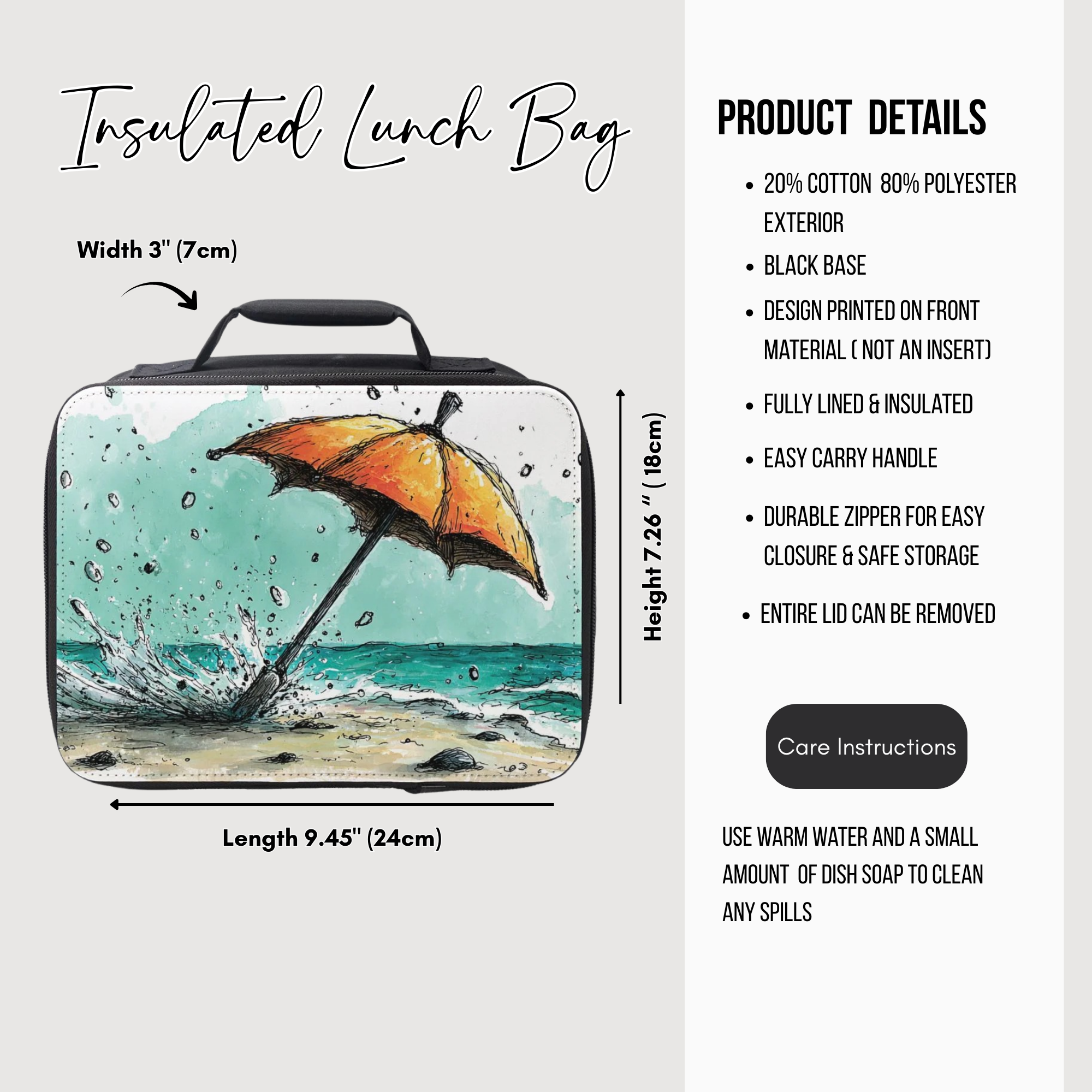 Insulated lunch bag with umbrella design and product details on a white background