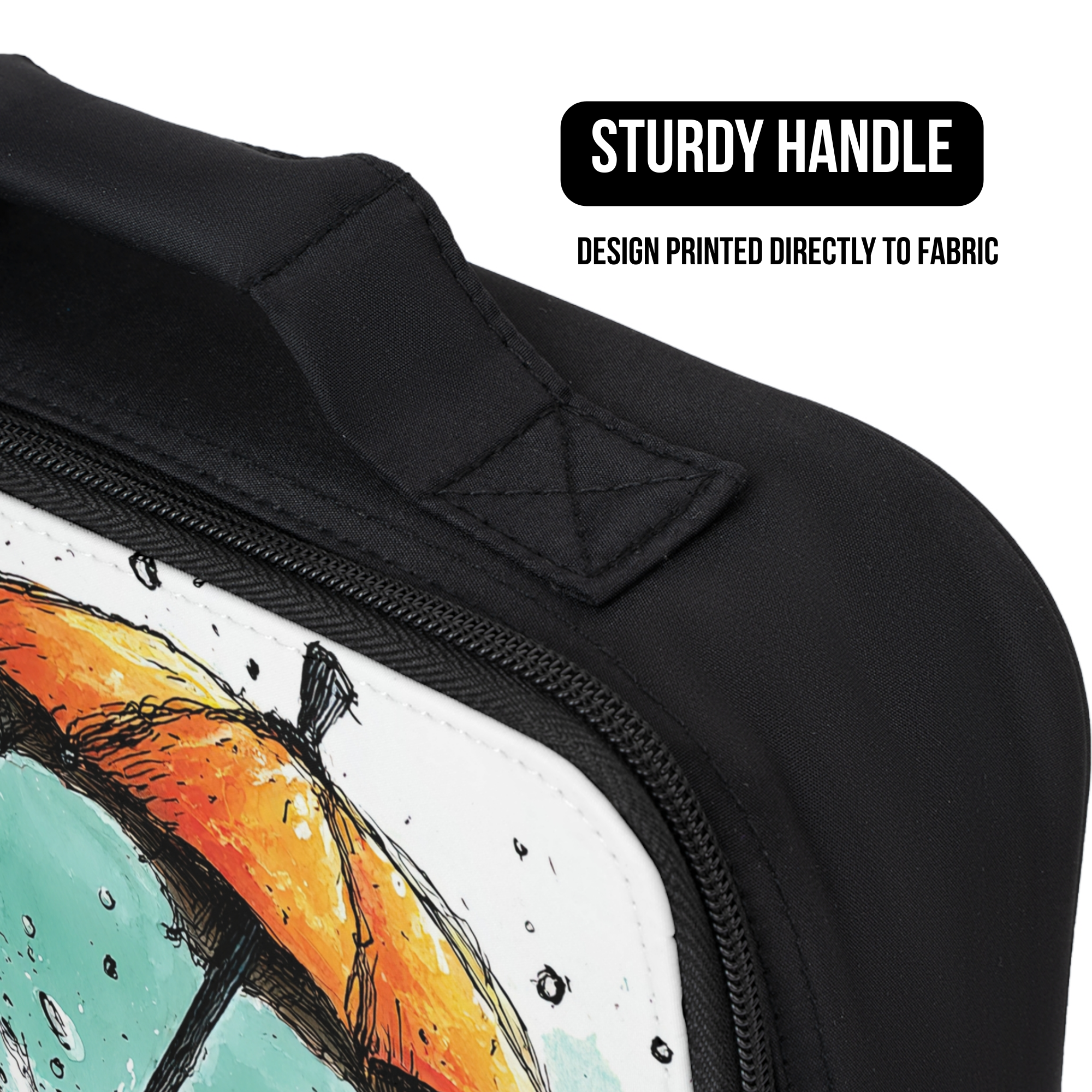 Black lunch bag with a colorful design on a white background, featuring text about a sturdy handle.