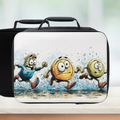 Black lunch bag with cartoon character coins running on a white background