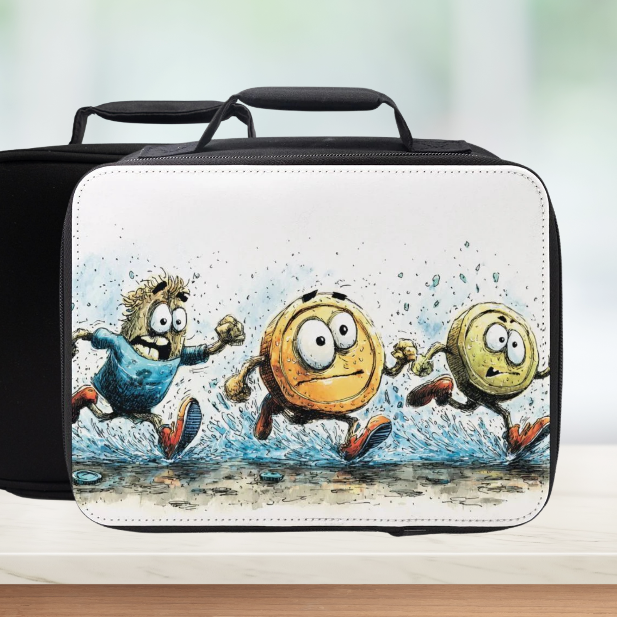 Black lunch bag with cartoon character coins running on a white background