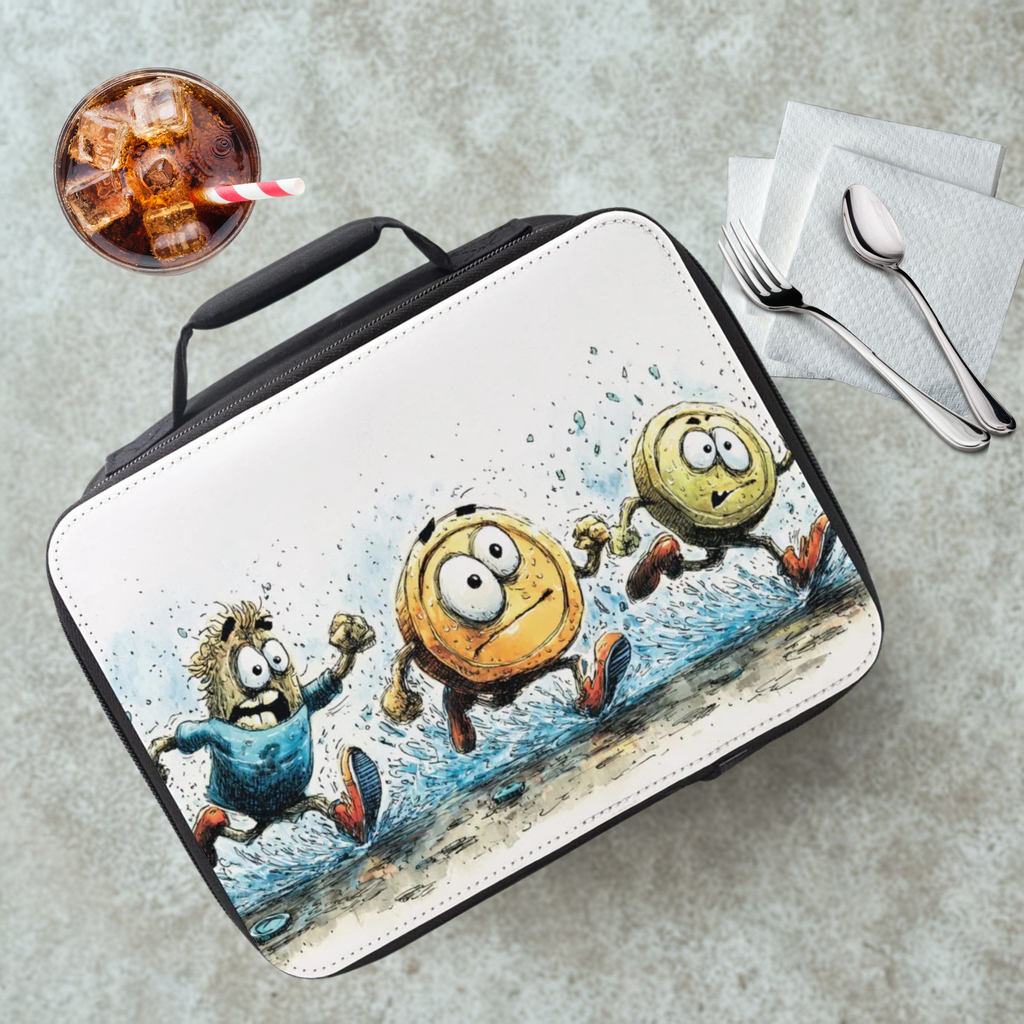 Lunch bag with cartoon design on a concrete surface with a drink and utensils.