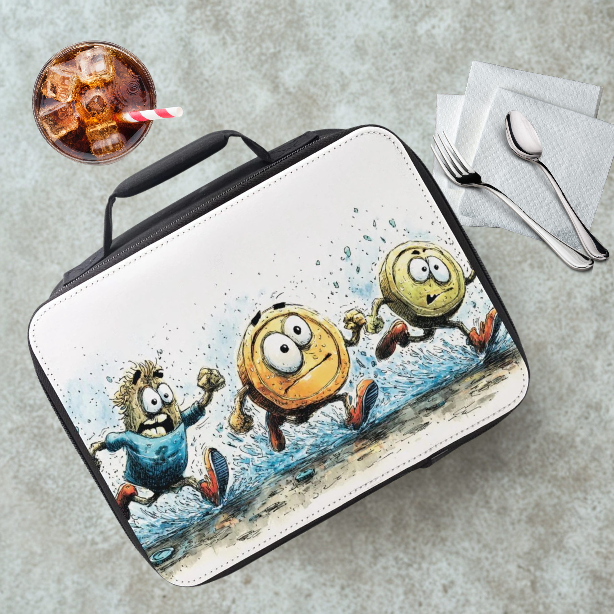 Lunch bag with cartoon design on a concrete surface with a drink and utensils.