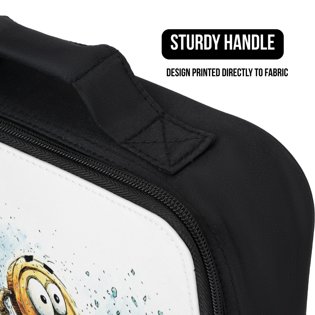 Black lunch bag with a design printed directly to fabric, featuring a sturdy handle.