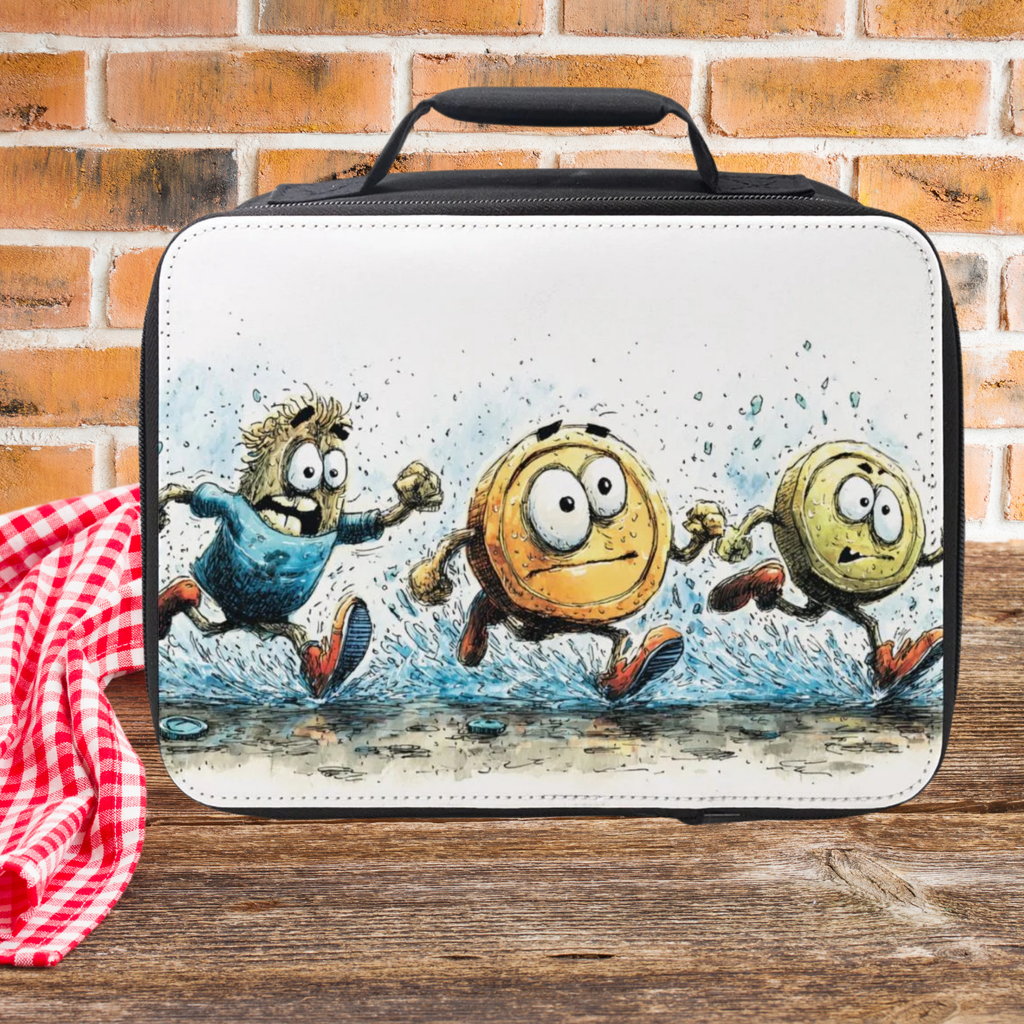 Lunch bag with cartoon character coins and bread running on a wooden picnic table against a brick wall background 