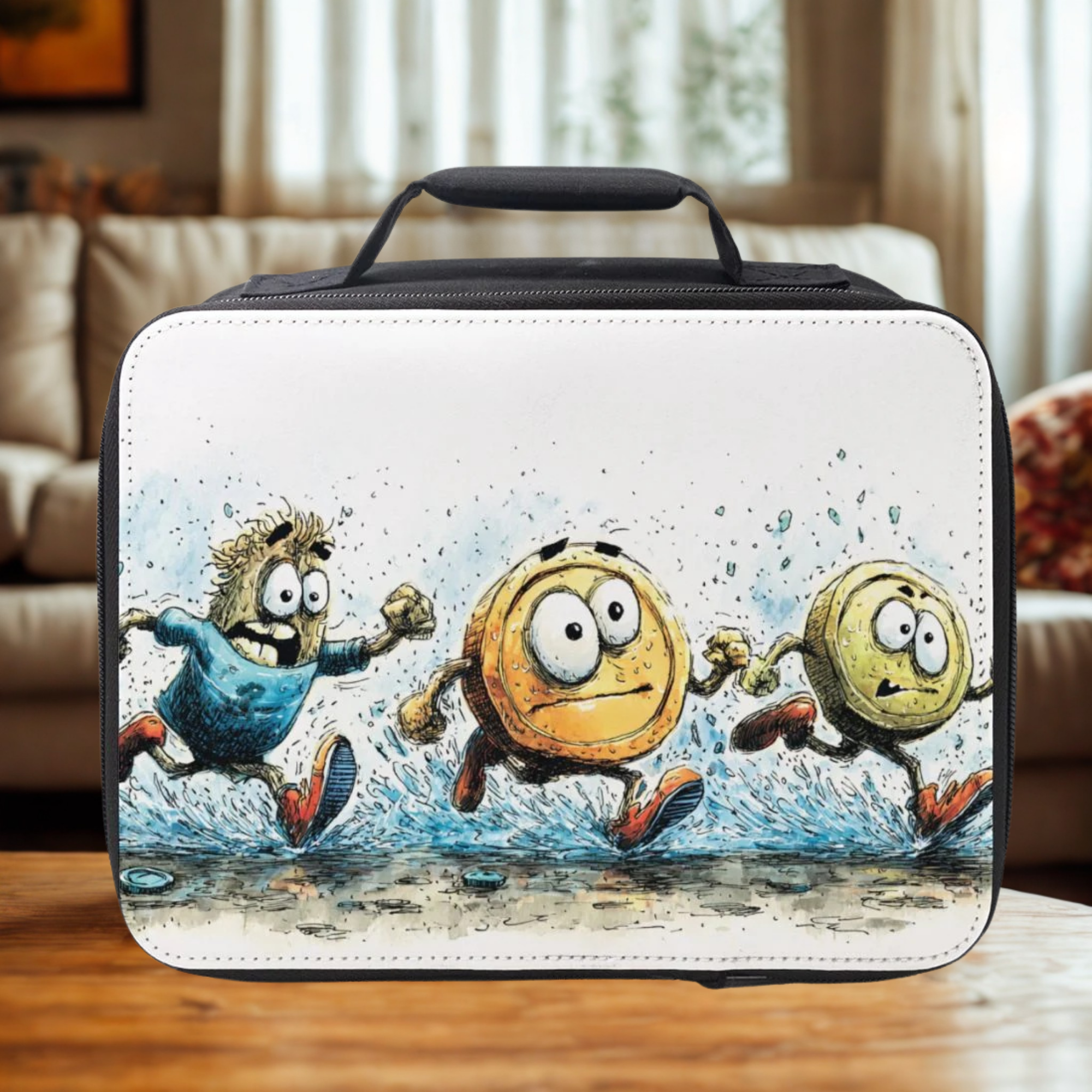Lunch bag with cartoon character coins and loaf of bread running on a wooden living room table