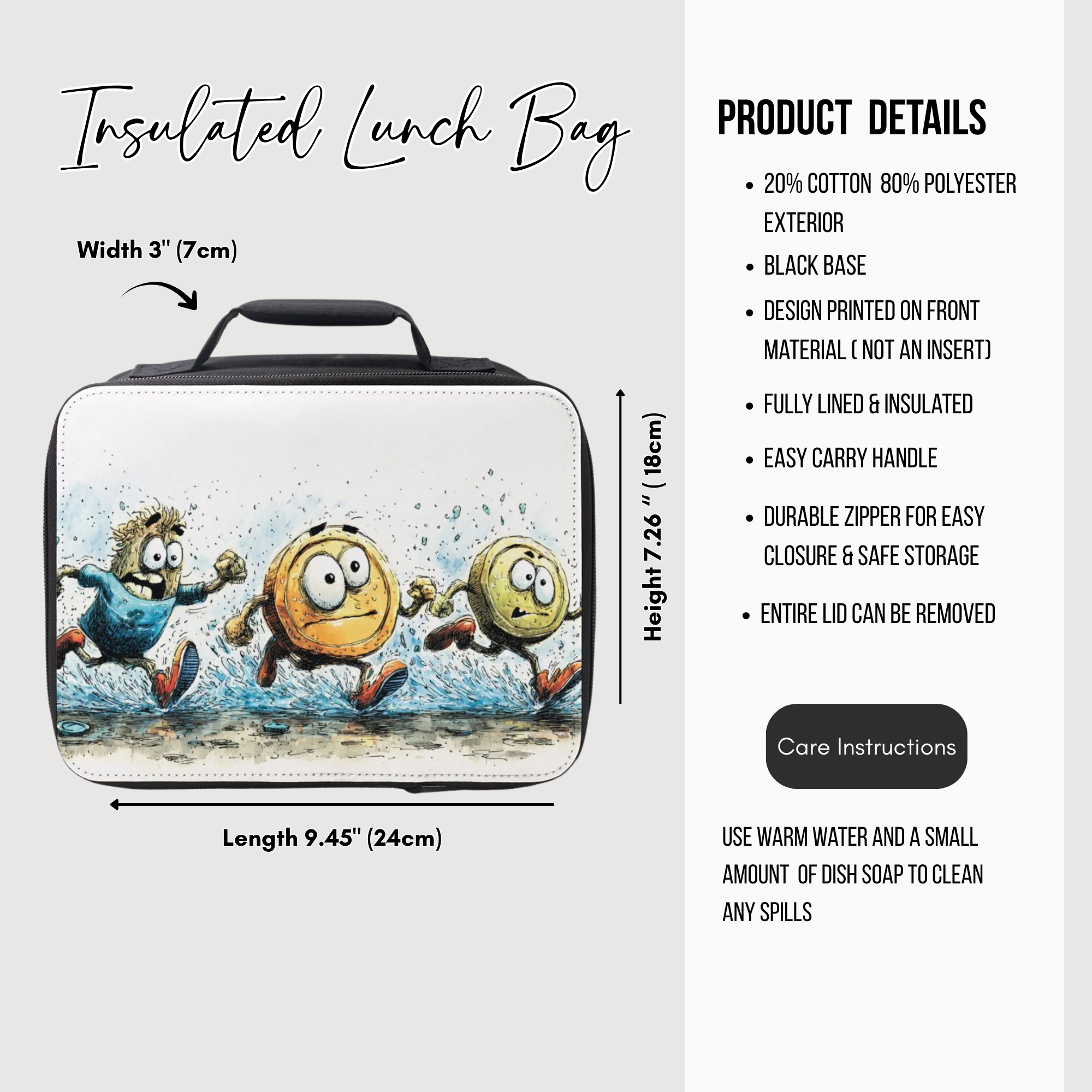 Insulated lunch bag with cartoon design and product details on a white background