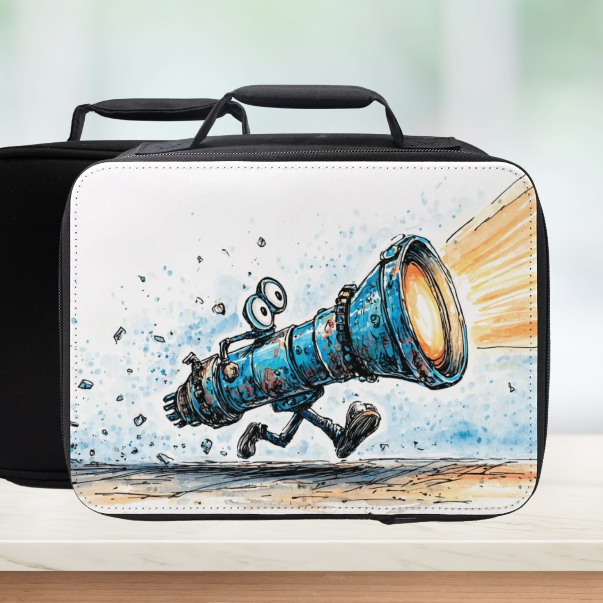 Black lunch bag with a cartoon design of a character flashlight running on a white background