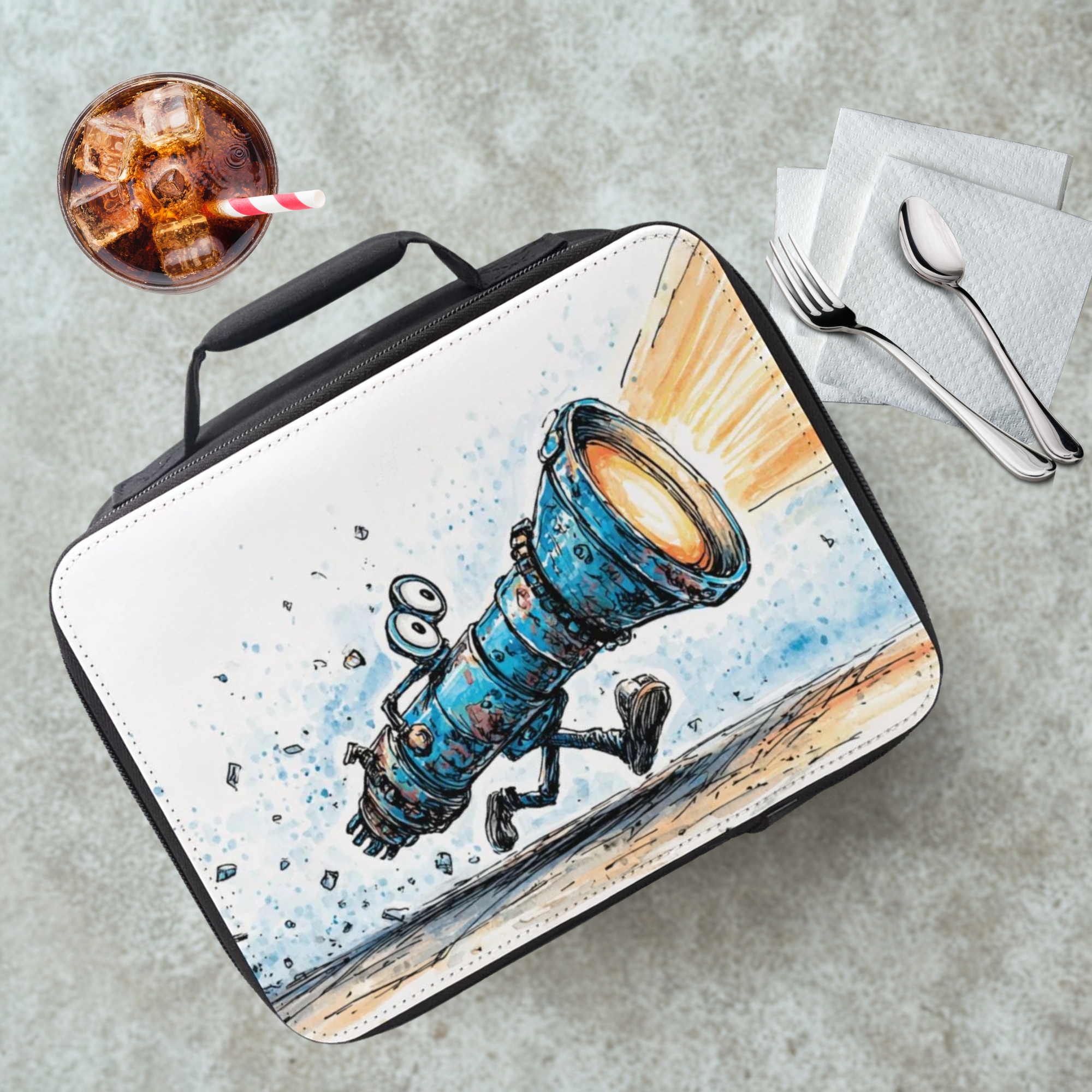 Insulated lunch bag with a design of a blue flashlight character on a gray table with a drink and utensils.