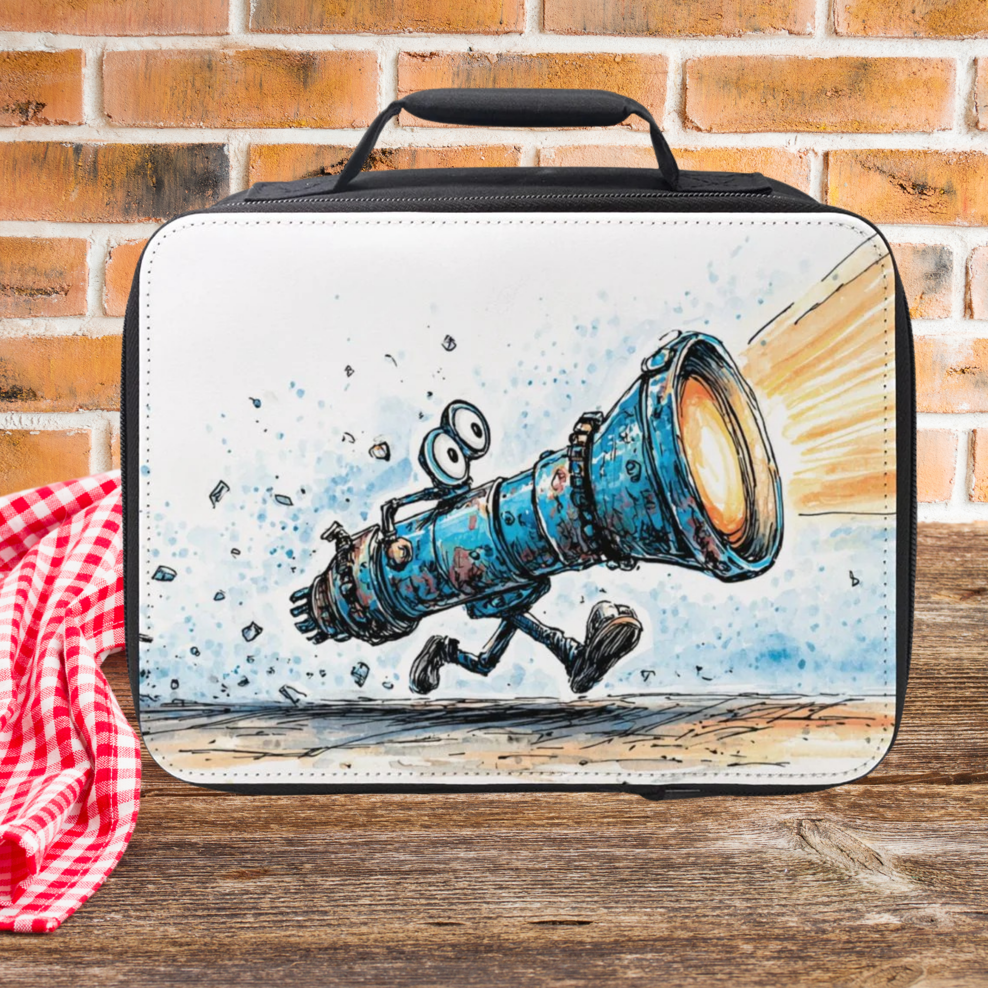 Lunch bag with a cartoonish flashlight design on a wooden surface with a brick wall background