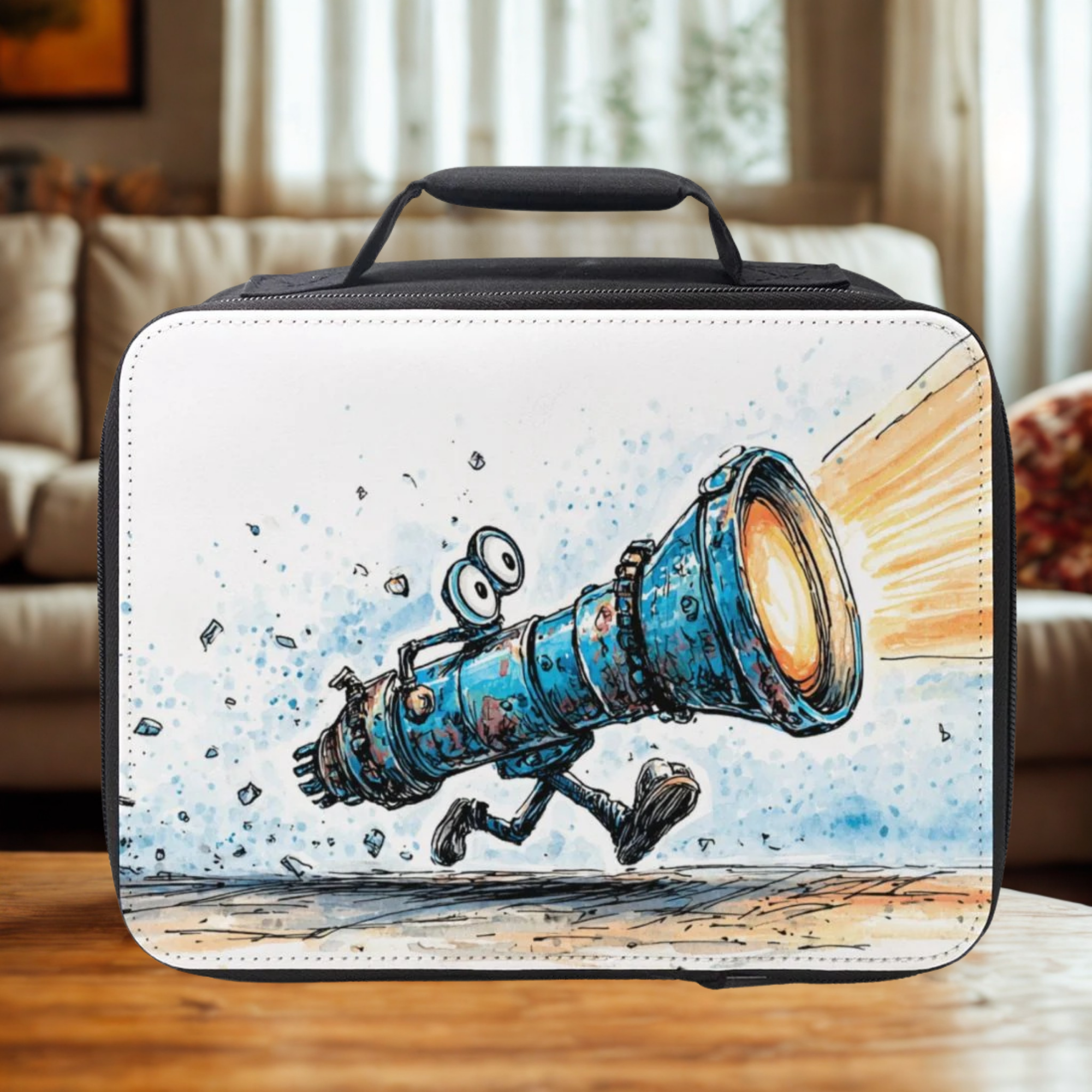 Lunch bag with a cartoon design of a character flash light on a wooden living room table.