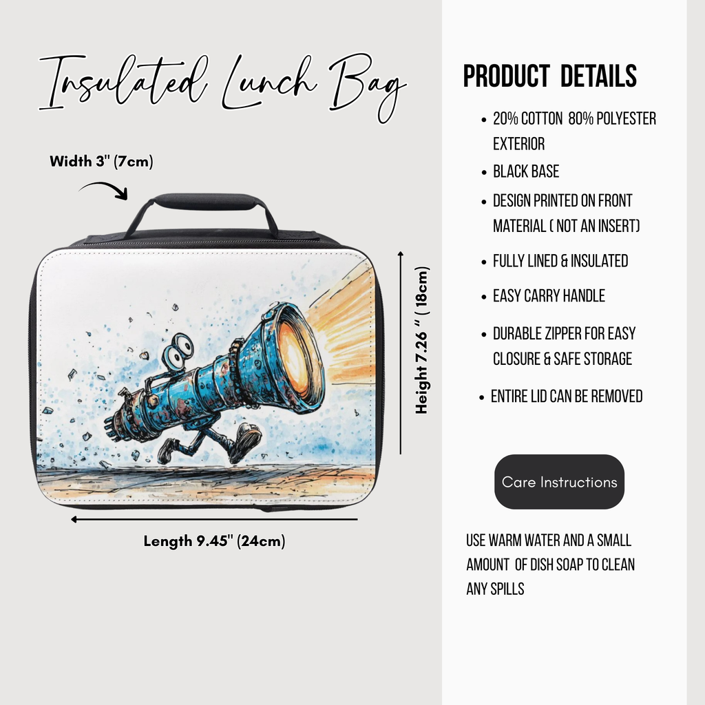 Insulated lunch bag with artistic design and product details on a white background