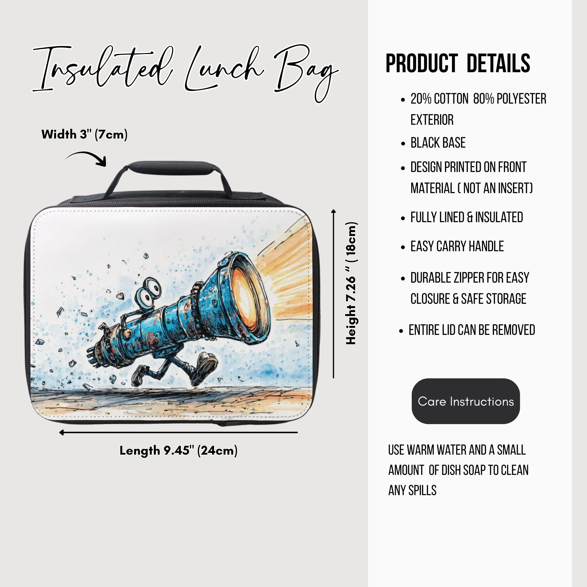 Insulated lunch bag with artistic design and product details on a white background