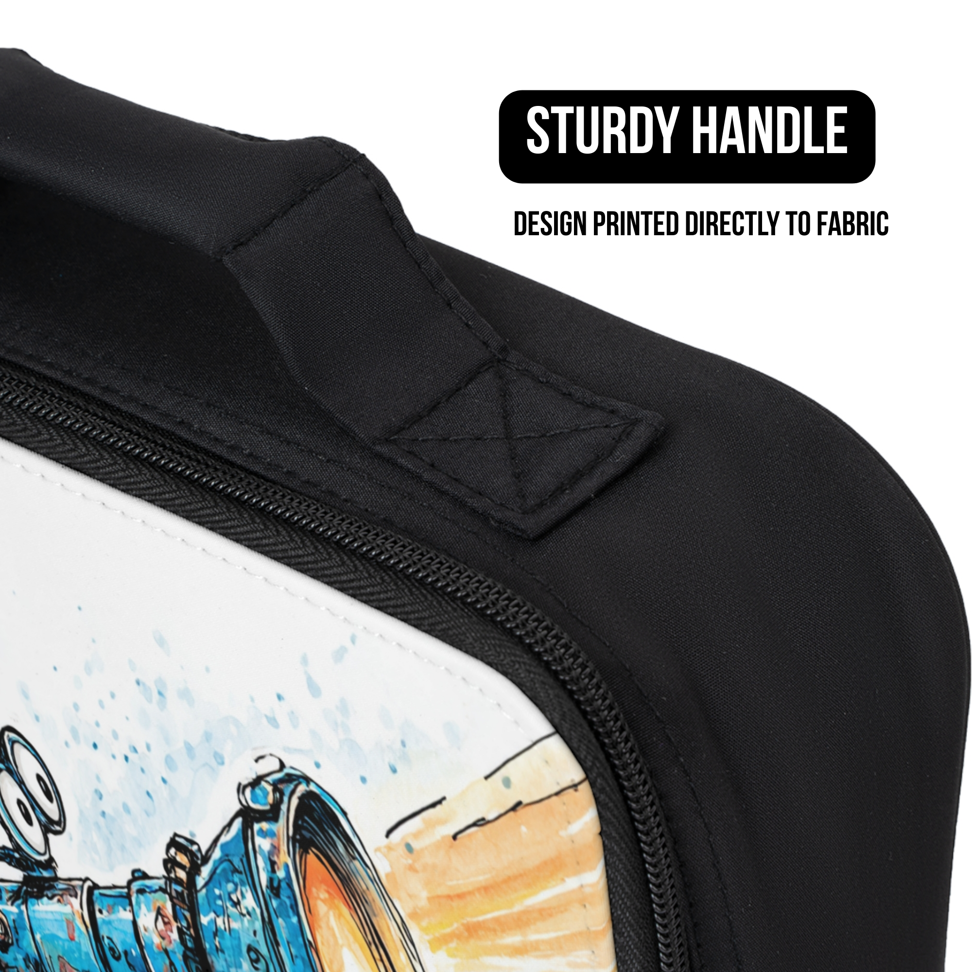 Black lunch bag with a design printed directly to fabric, featuring a sturdy handle.