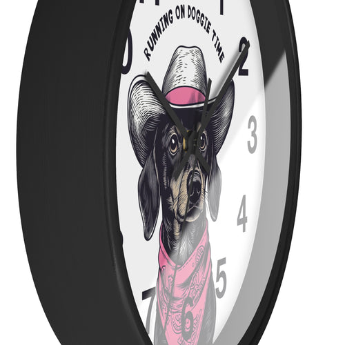Wall clock with a dog illustration and text 'Running on Doggie Time' on a white background