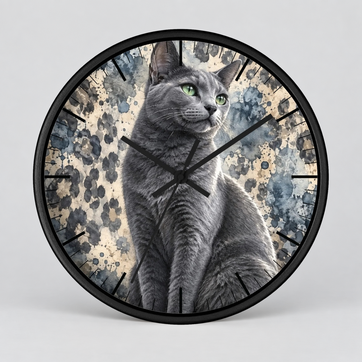Cheetah Print Gray Russian Blue Cat Wood Wall Clock