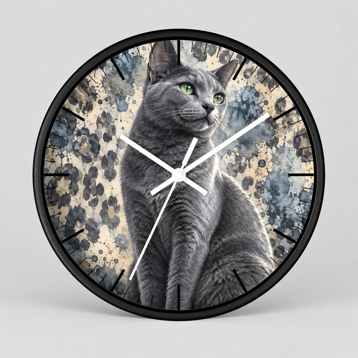 Cheetah Print Gray Russian Blue Cat Wood Wall Clock