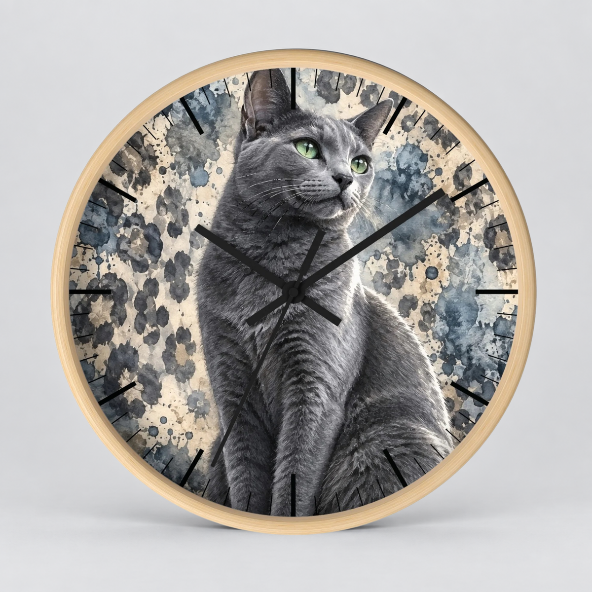 Cheetah Print Gray Russian Blue Cat Wood Wall Clock