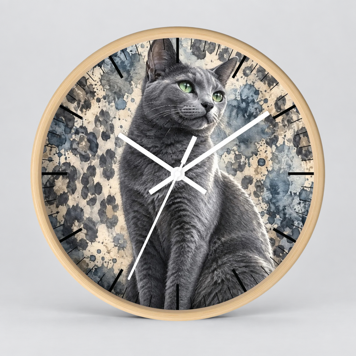 Cheetah Print Gray Russian Blue Cat Wood Wall Clock