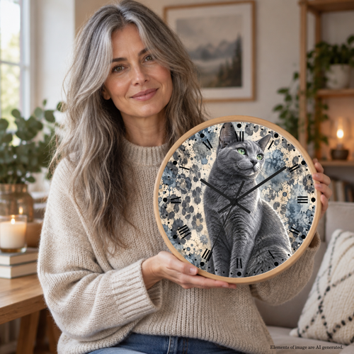 A woman with long gray hair holds a round wall clock in a cozy living room setting. The clock features a gray tabby cat illustration over a blue and white floral pattern, with black Roman numerals and hands.