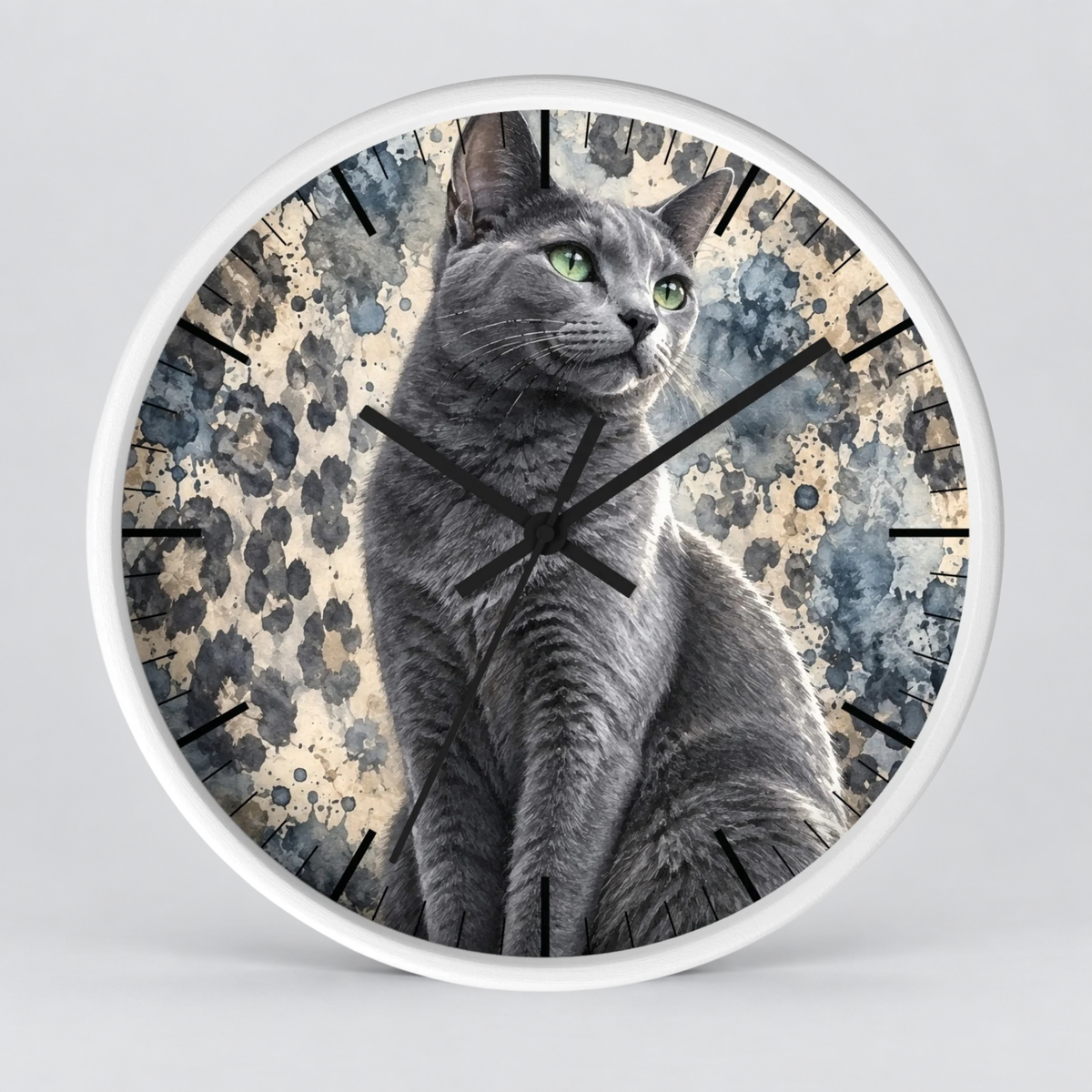Cheetah Print Gray Russian Blue Cat Wood Wall Clock