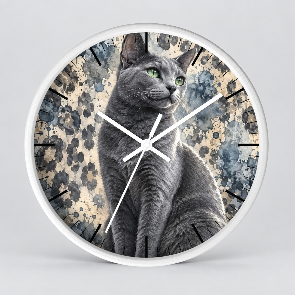 Cheetah Print Gray Russian Blue Cat Wood Wall Clock