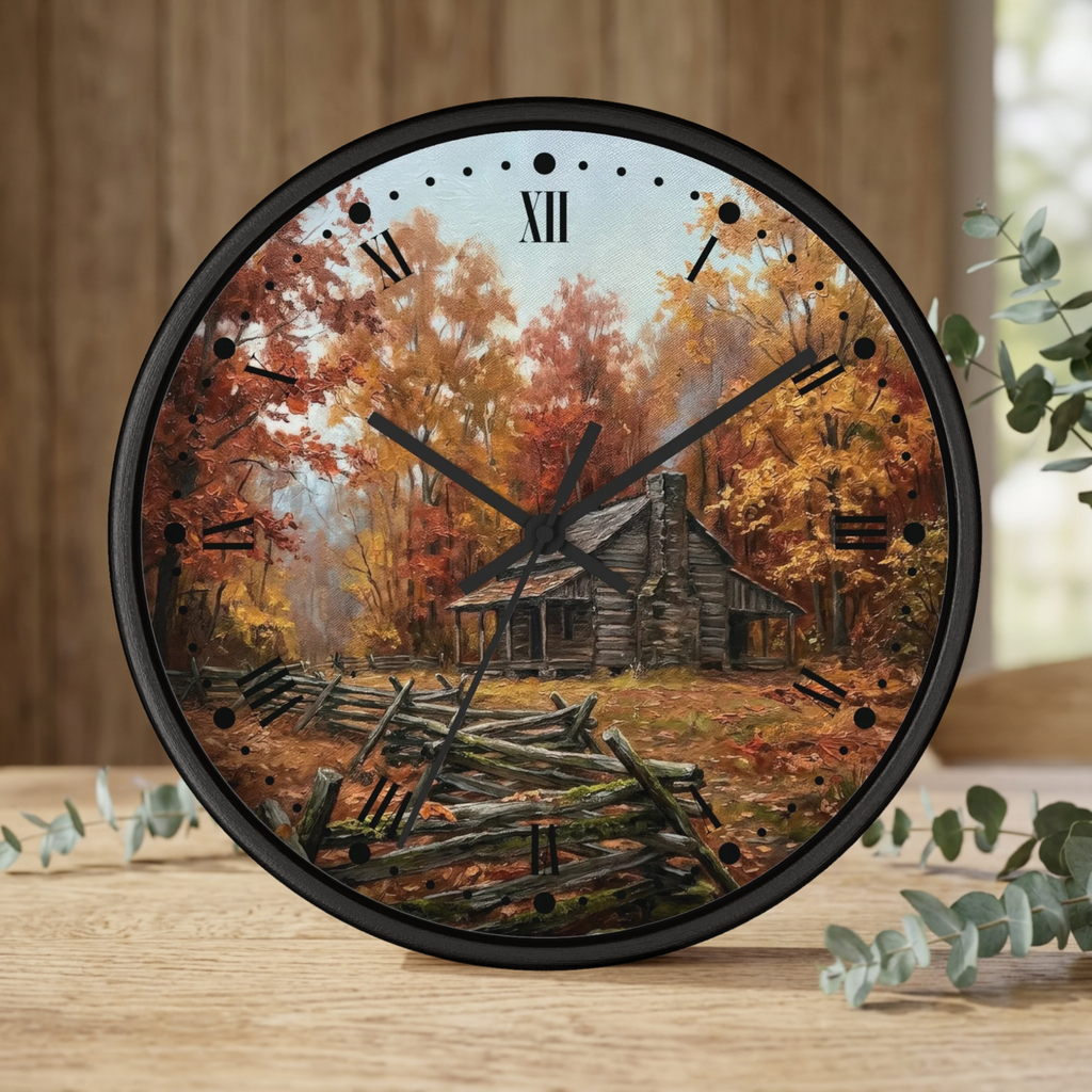 Rustic Autumn Cabin Wall Clock