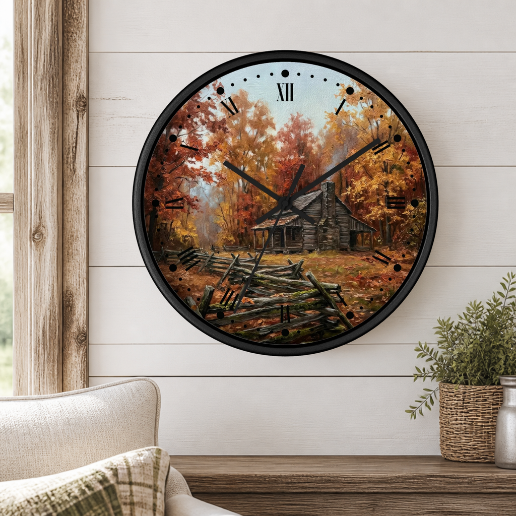 Rustic Autumn Cabin Wall Clock