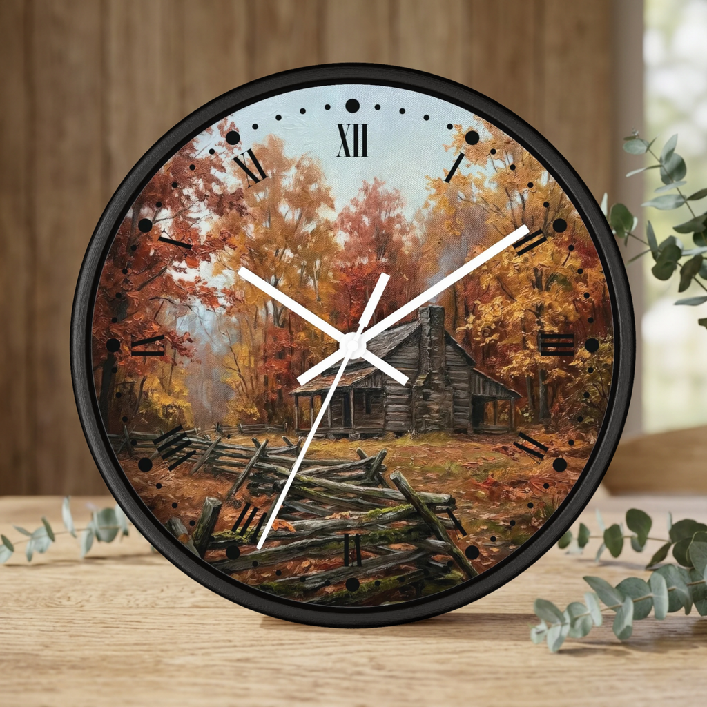 Rustic Autumn Cabin Wall Clock